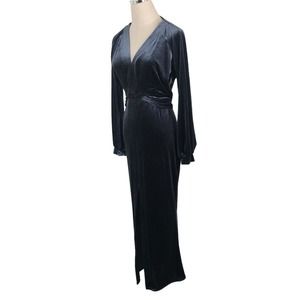 Migeer Velvet Maxi Dress Slate Blue Stretch Tie Back High Slit Long Sleeve L